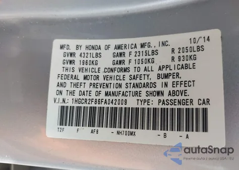 2015 Honda Accord Ex-L from USA, damaged, VIN 1HGCR2F86FA042009